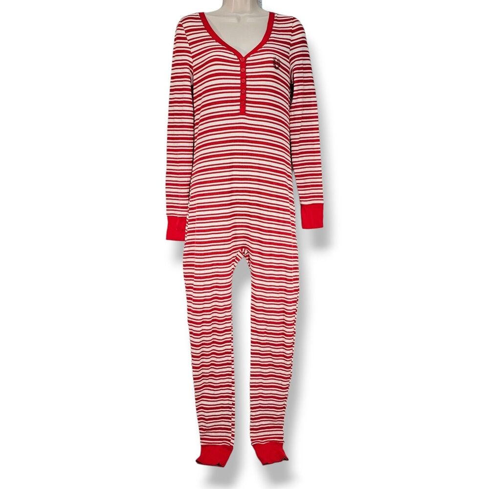 Victoria's Secret PINK Thermal Pajama One Piece Red White Stripes Size M